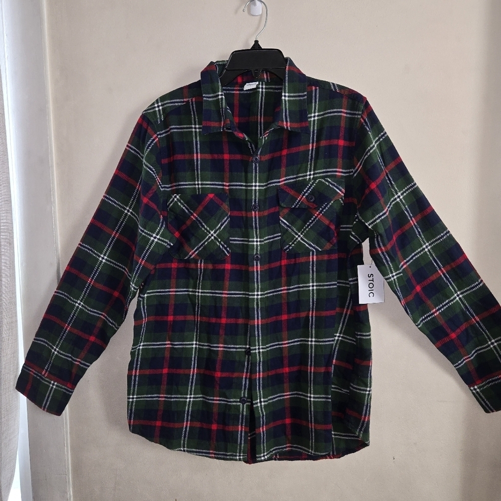 Stoic Men's Casual Plaid Button-Down Shirt - Red and Green